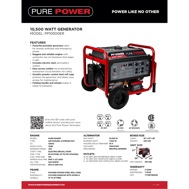 PURPP10500ER 10500 WATT PORTABLE GENERATOR