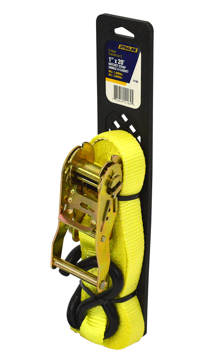 11184, Ratchet Strap 1"x20' S Hooks WLL-1000Lb, ULL-3000Lb Yellow