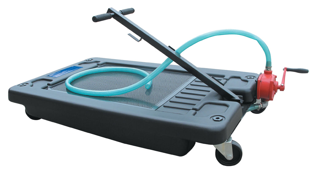 14032, 70L LOW PROFILE OIL DRAIN PAN WITH IRON MANUAL PUMP & CASTERS ...
